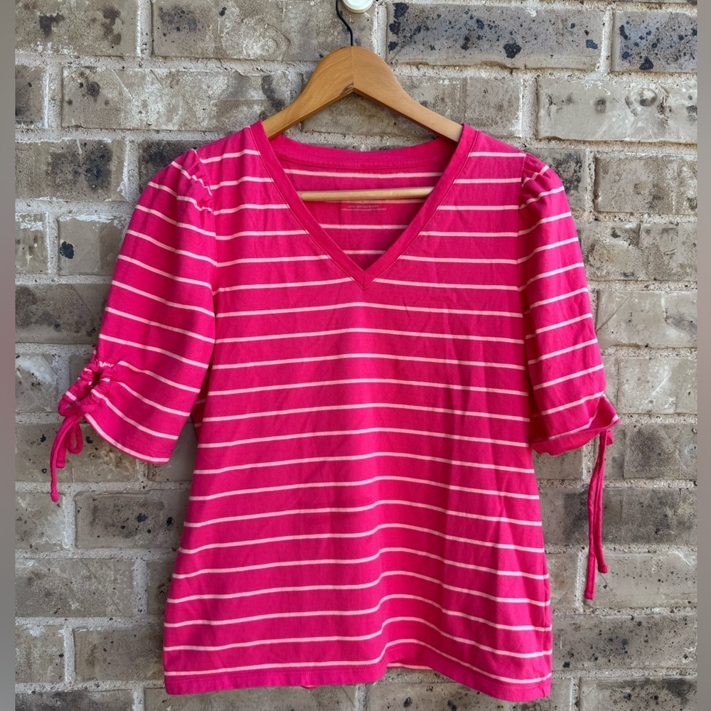 Talbots Fun Raspberry Peach Stripe Tise Sleeve V-… - image 1